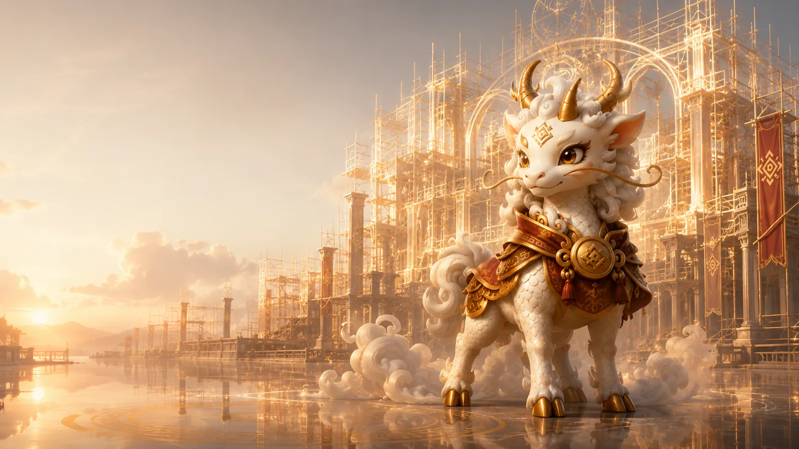 Kiri Zynk, a white-and-gold qilin, standing before a luminous golden structure at dawn with clouds gathering at her hooves