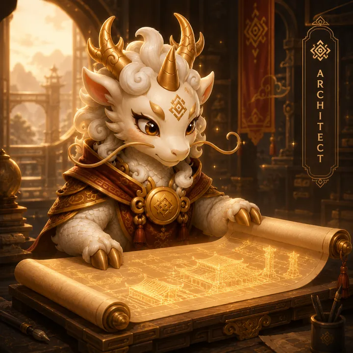 Kiri studying a glowing architectural blueprint scroll